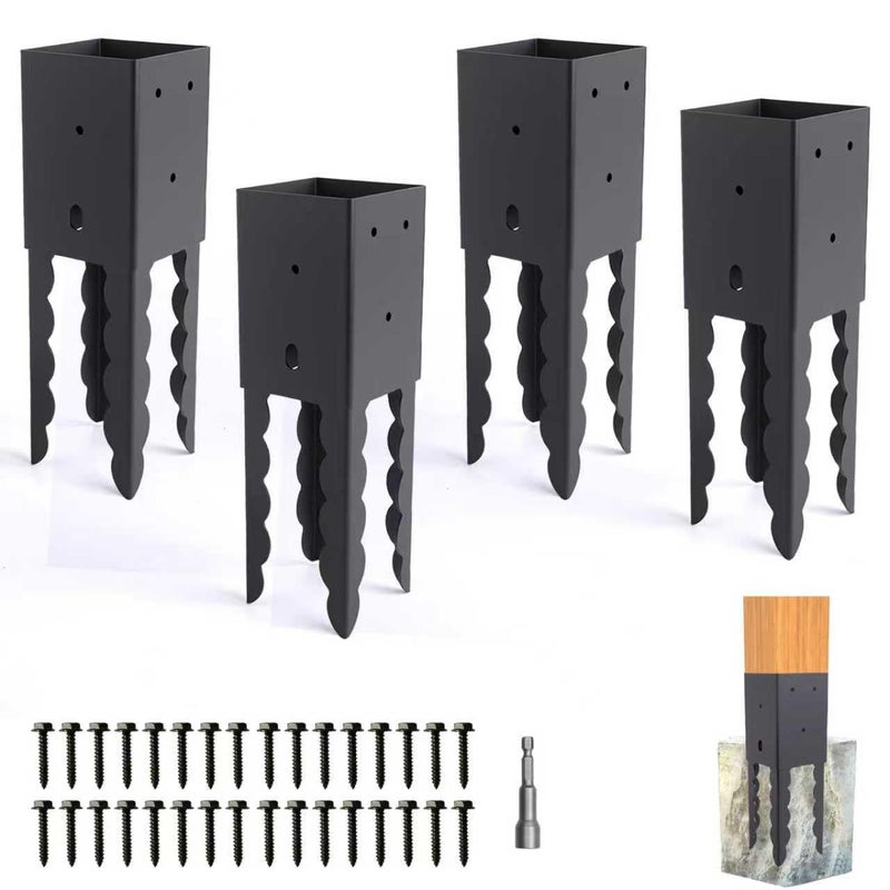 TAYORY 4x4 Post Base Holder Ground Spike, 4 Pcs (Actual 3.6"x3.6") 4x4 Concrete Post Anchor，Black Powder Coated Post Spike for Pergola, Deck, Fence, Mailbox, etc. - Image 1
